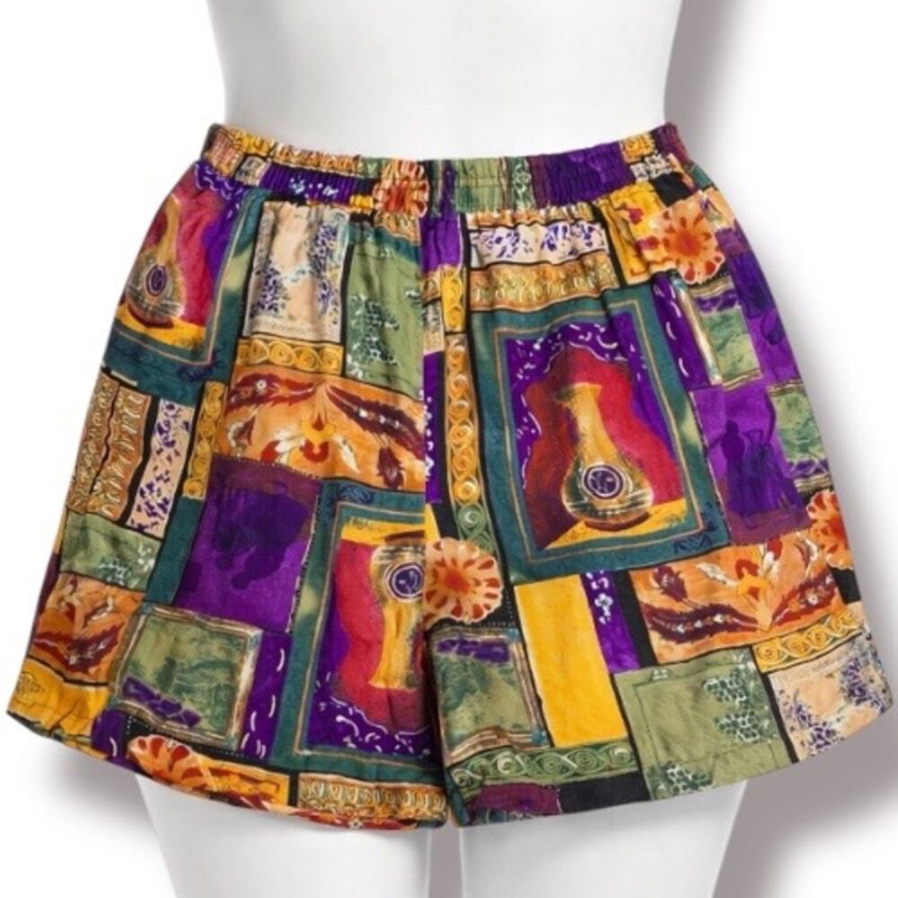 Vintage 90s Colorful Patchwork Cotton Shorts Elastic Waist EclecticArt To Wear